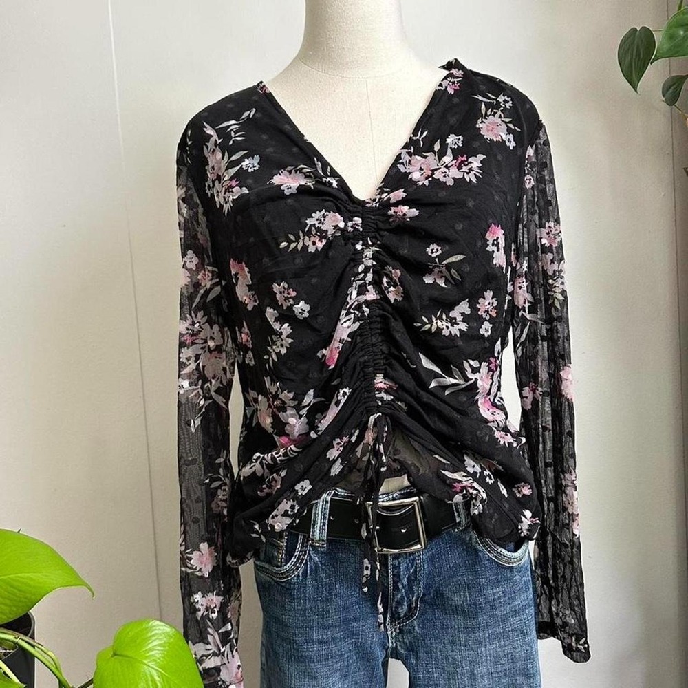 INC International Concepts XL Floral Polka Dot Mesh Ruched Blouse Black Pink